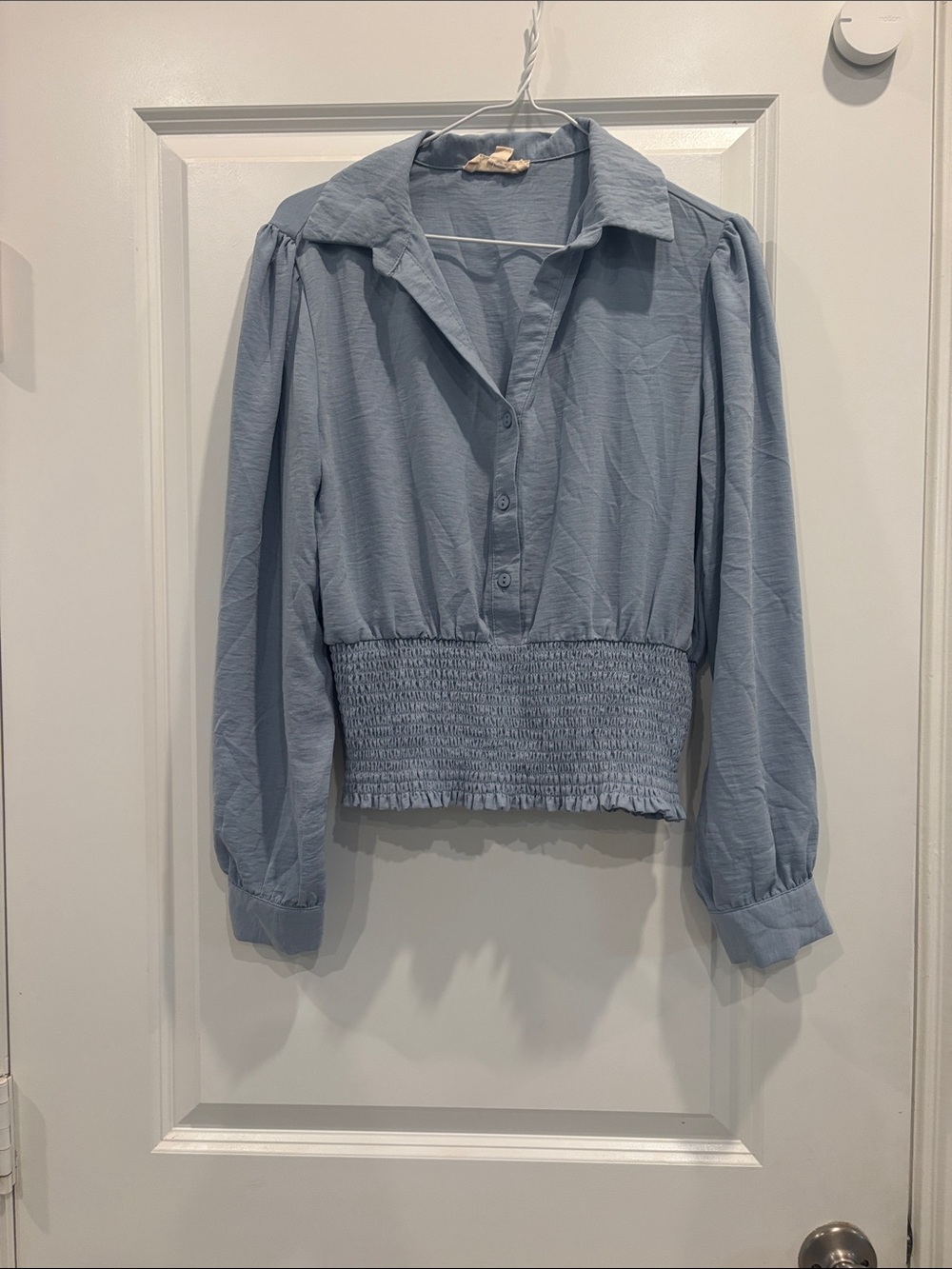 Women’s Smocked-Waist Button-Up Blouse in Light Blue